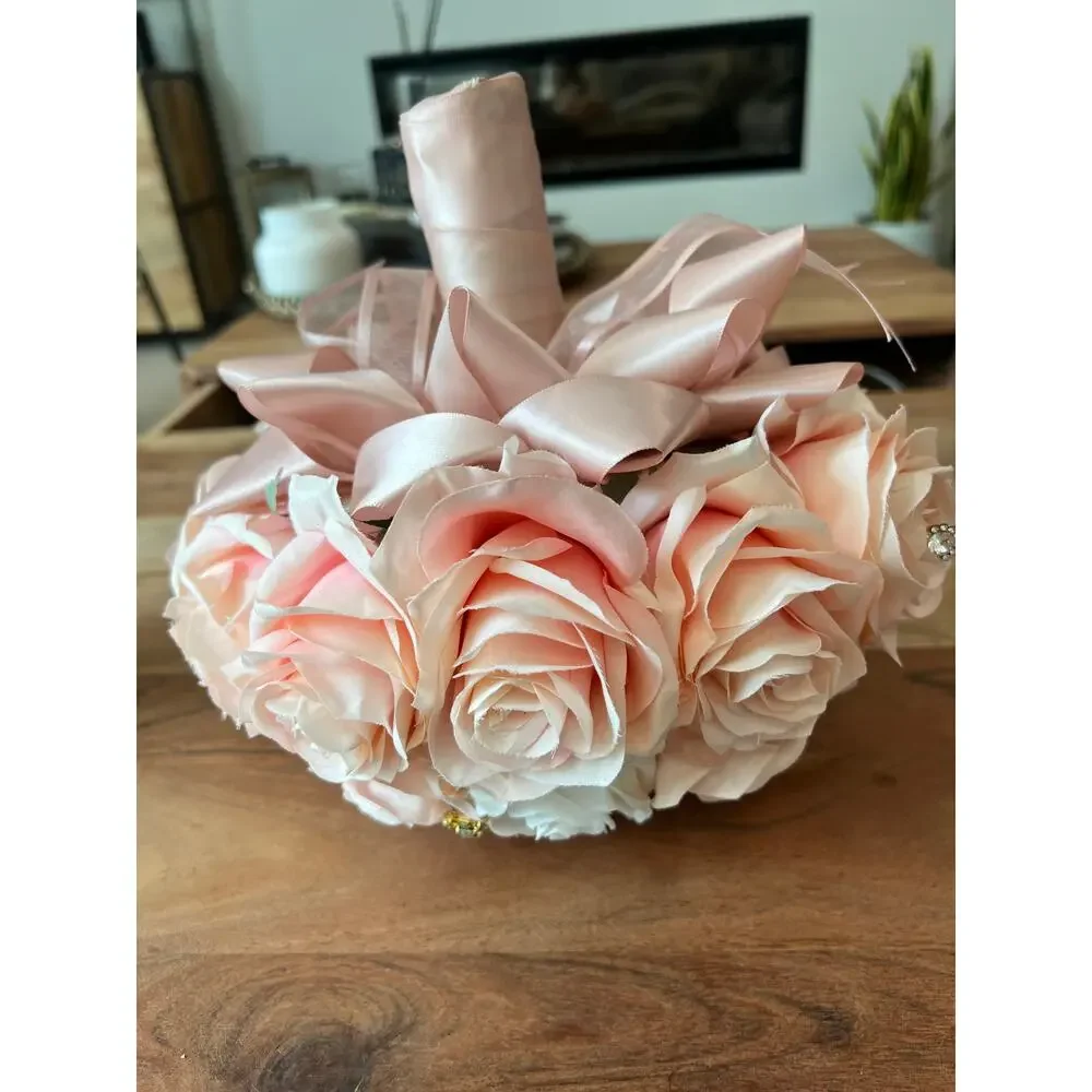 bridal wedding brooch floral bouquet pink peach ivory embellished rhinestones 9